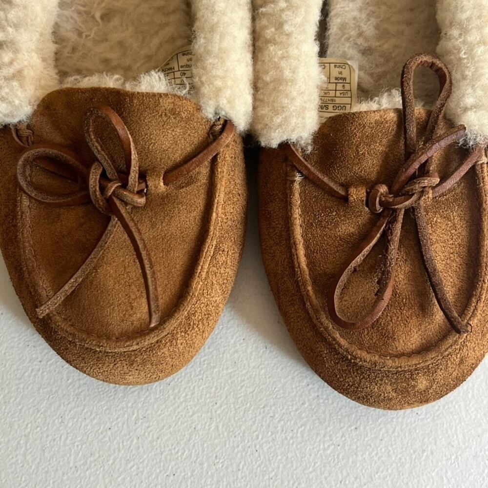 UGG Chestnut Suede Moccasin Slippers with Cream Shearling Lining - Picture 7 of 11
